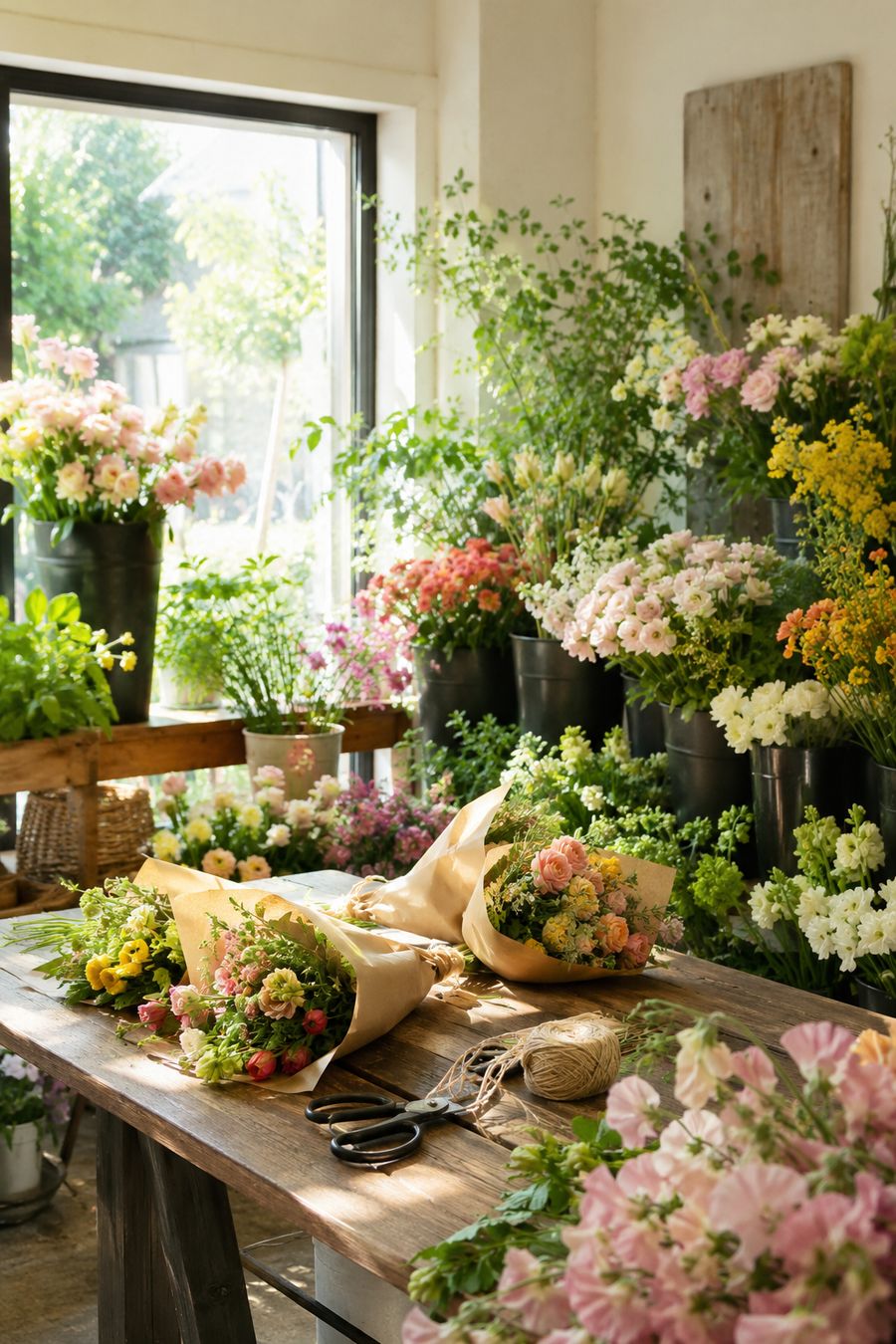 朝の光が差し込む花屋の作業台。季節の切り花が並んでいる。